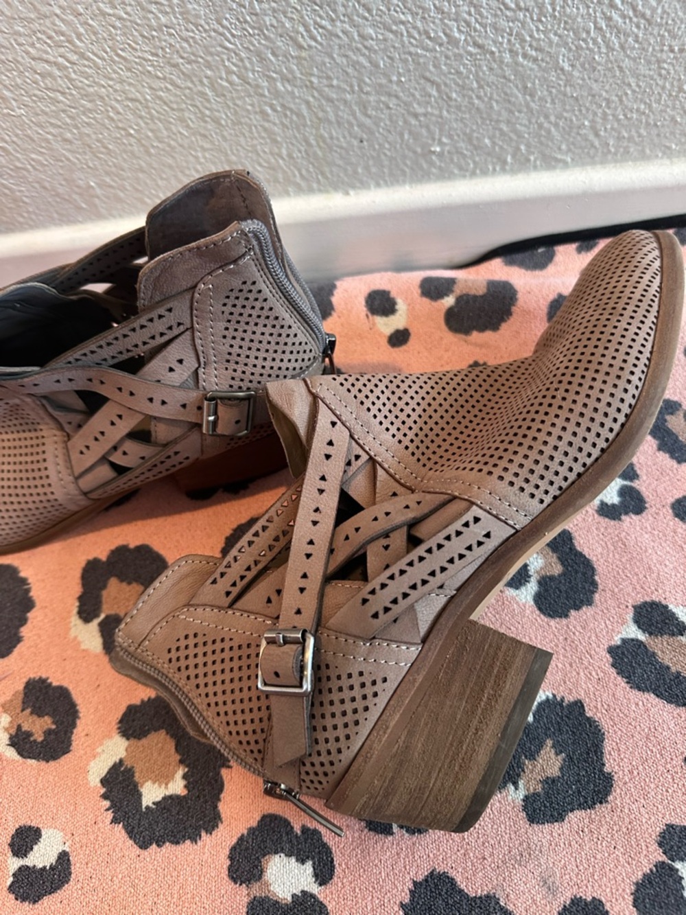 Vince Camuto perforated cutout ankle booties brown stacked heel